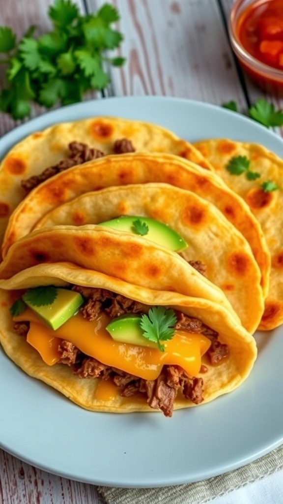 Golden-brown Venezuelan arepas filled with cheese, avocado, and beef on a rustic table.